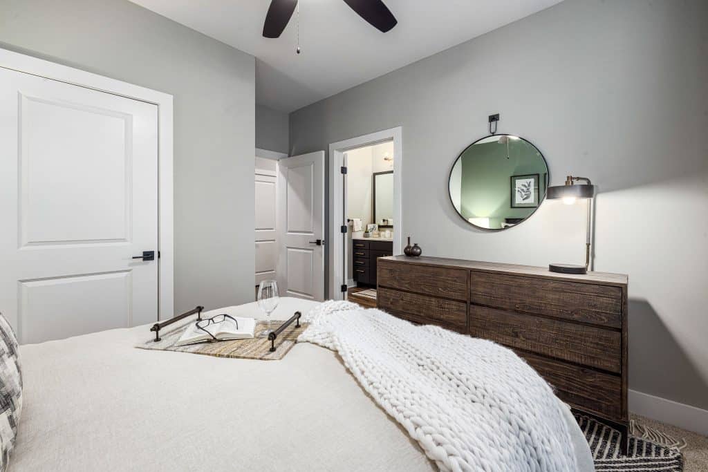 bedroom with view into hallway