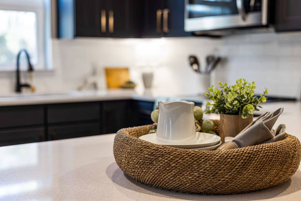 close up of kitchen counter with quartz countertops