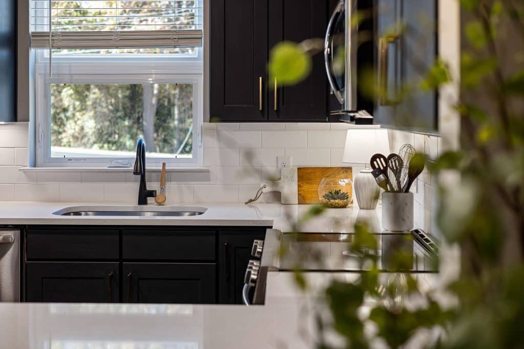 Kitchen sink with window behind